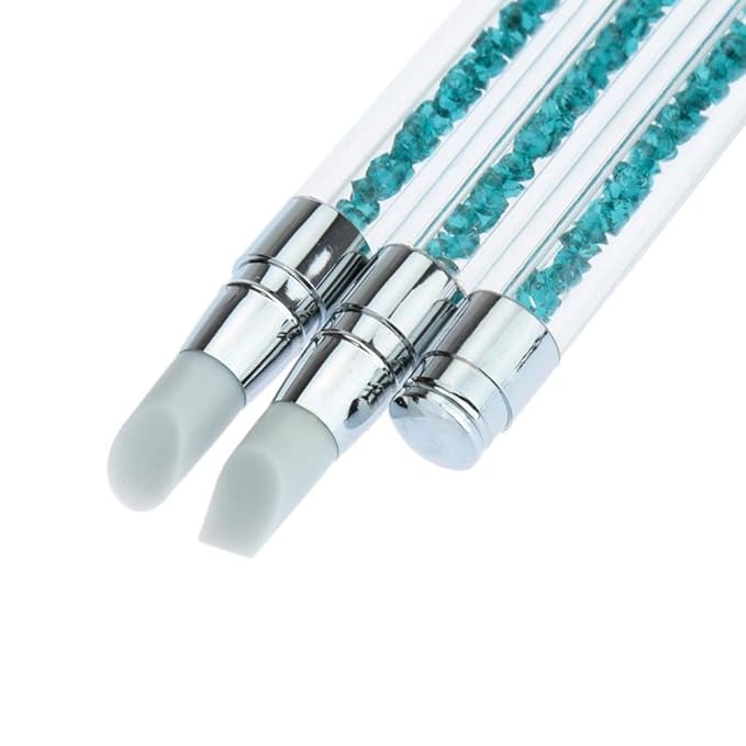 WOKOTO 3 Pcs Set 2 Ways Silicone Nail Art Acrylic Pen Brushes set Blue Rhinestones Design Sculpture Carving Brush For 3D Effect Shaping Drawing Dotting Tools