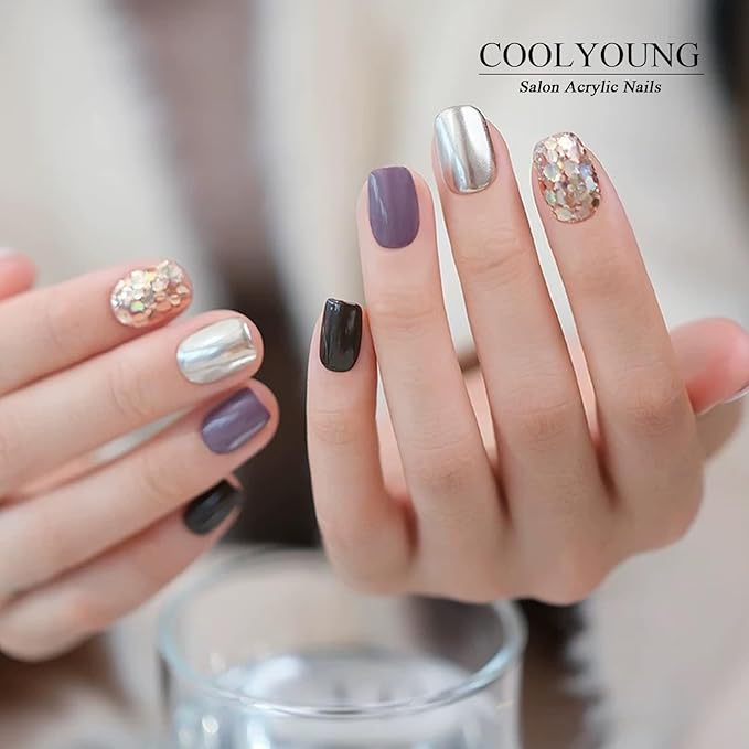 COOLYOUNG 25PC Short Glitter Press On Nails Soft Gel Acrylic Blush Pink Black Mix Reusable Fake Nails