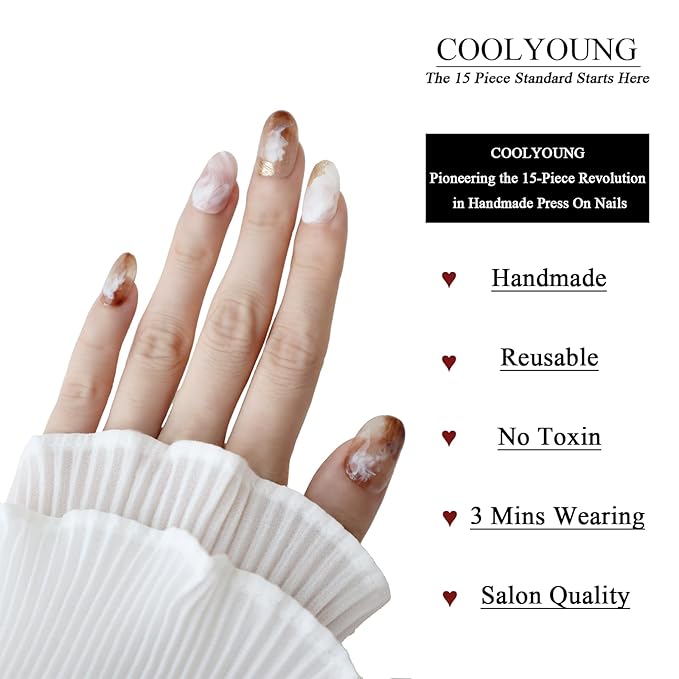 Handmade Press On Nails Acrylic Almond Medium Nails 3d Thick Press On Nails Gifts For Women Brown Ombre Homemade Nails COOLYOUNG 15 PCS, Size L