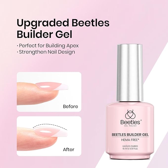 Beetles HEMA-Free 15ml Gel Top Coat and Builder Gel for Nails with Nail Brush, Low Heat Hypoallergenic Clear 8 in 1 Builder High Shine Long Lasting No Wipe Top Coat Nail Polish