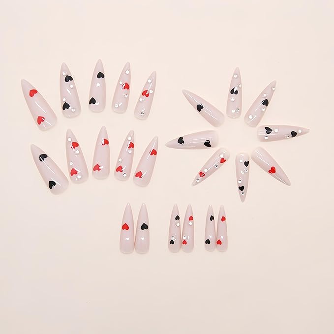 24Pcs Valentines Press on Nails Long Almond Fake Nails Black Red Heart with Rhinestones Design False Nails Romantic Peach Heart Full Cover Glue on Nail Stick on Nails Acrylic Nail for Women DIY Kit