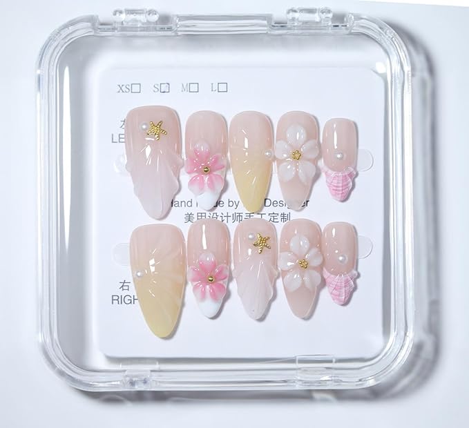 10Pcs Medium Almond Handmade Press On Nails | Nude Pink & Yellow Ombre with Seashell, Starfish, 3D Floral & Pearl Decor | Reusable Salon-Quality Fake Nails for Women and Girls (25901, M)