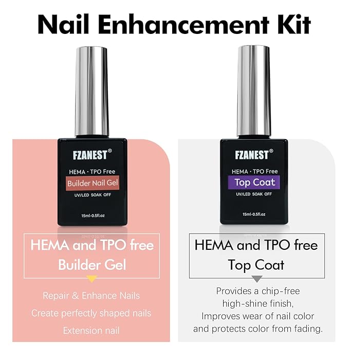 FZANEST Builder Nail Gel and Top Coat, 15ml * 2Pcs Hema & TPO-Free Builder Gel Nail Kit Strengthen Extension No Wipe Ultra Shine Top Coat Nail Polish Soak Off UV Led