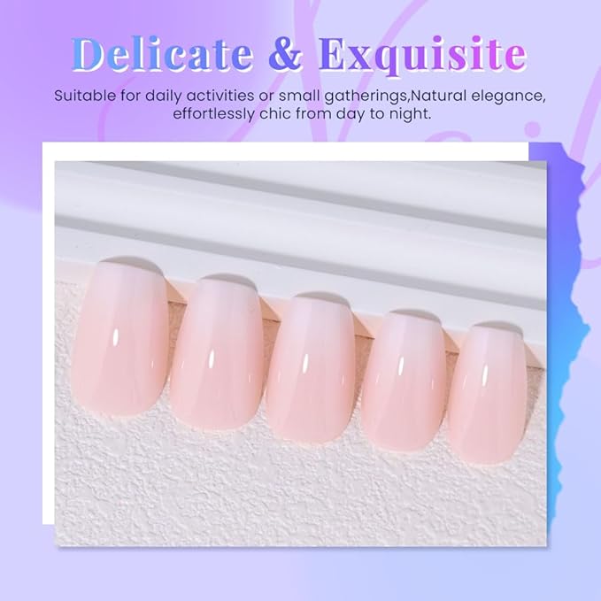 Light Nude Ombre Glossy Press on Nails Coffin Acrylic Fake Nails Stylish Design, Not Pixelated Like Digital Printing, Natural Reusable Nails Kit for Women False Nail, Salon Quality Reusable