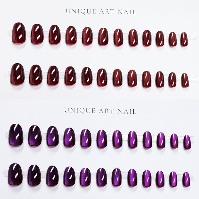 KQueenest 4 Packs Gel Press On Nails Short Oval, Cat Eye Press On Nails Short Almond, Dark Chrome Fake Nails Press Ons, Shiny Glitter Black Glue on Nails for Women Decoration, 96 Pcs Gift Kit