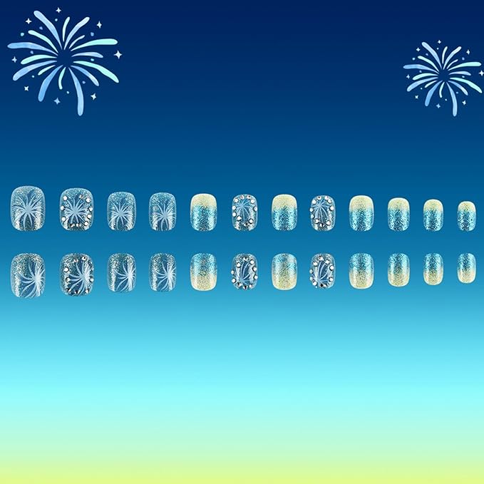Square Press on Nails Short Fake Nails with Designs Fireworks Glue on Nails Rhinestone False Nails Blue Bling Sequins Acrylic Nails Glitter Full Cover Stick on Nails for Women 24Pcs