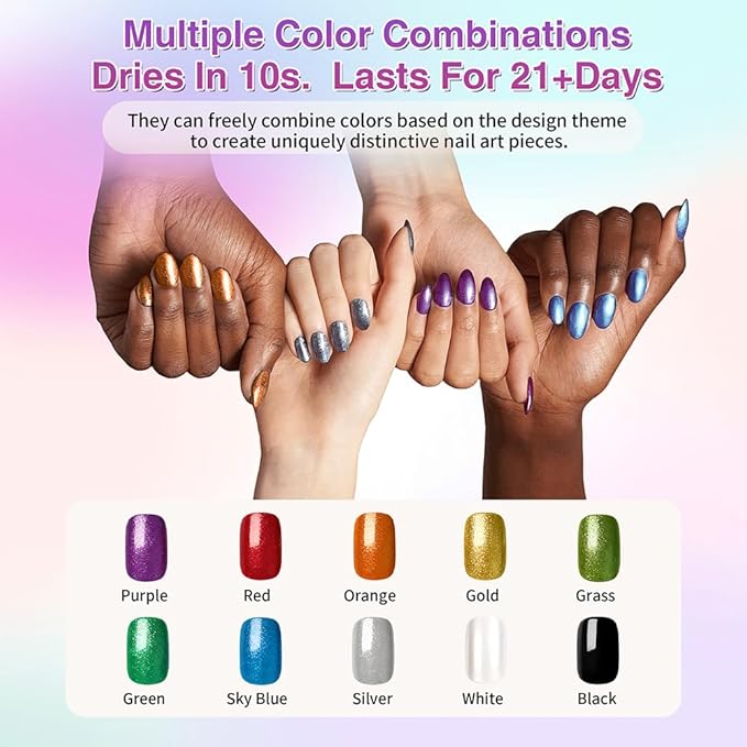 10 Colors Metallic Nail Art Pens Set, Professional Dual Tip with Soft Brush & Fine Point, Quick Dry Water-Based Markers for DIY Nail Salon and Beginners