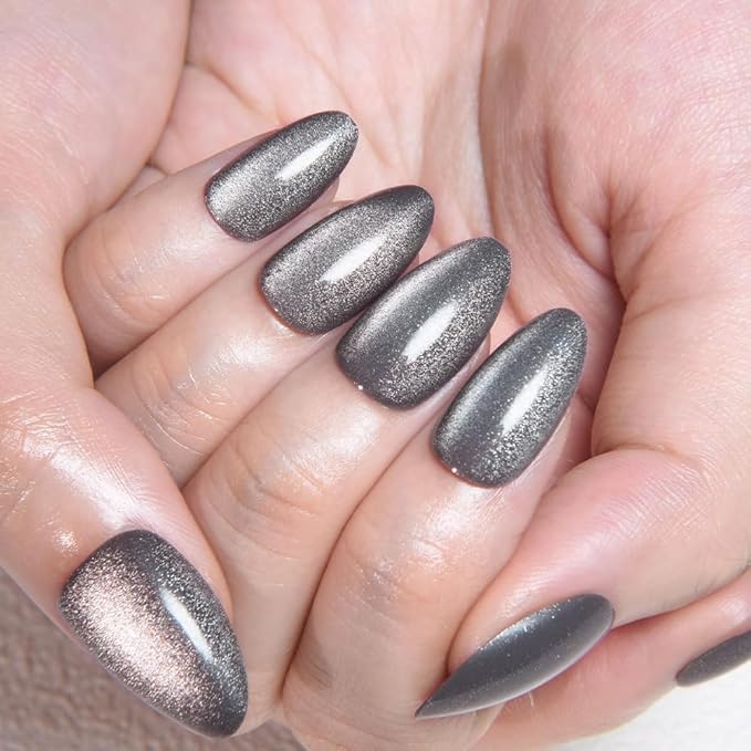 evpct Cat Eye Silver Press on Nails Almond Short, Silver Metal Short Almond Soft Gel Press on Nails with Nail Kit, Fit Perfectly, 30Pcs Reusable Acrylic Fake Press-on Nail Polish Kit for Women Gift