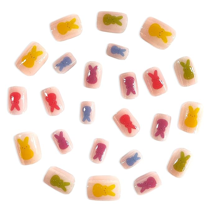 24 Pcs Easter Press on Nails Colorful French Tip Short Square Fake Nail Glitter Cute Bunny False Nails Designs Cartoon Rabbit Stick on Nails Full Cover Acrylic Nail for Women Girls Manicure Art