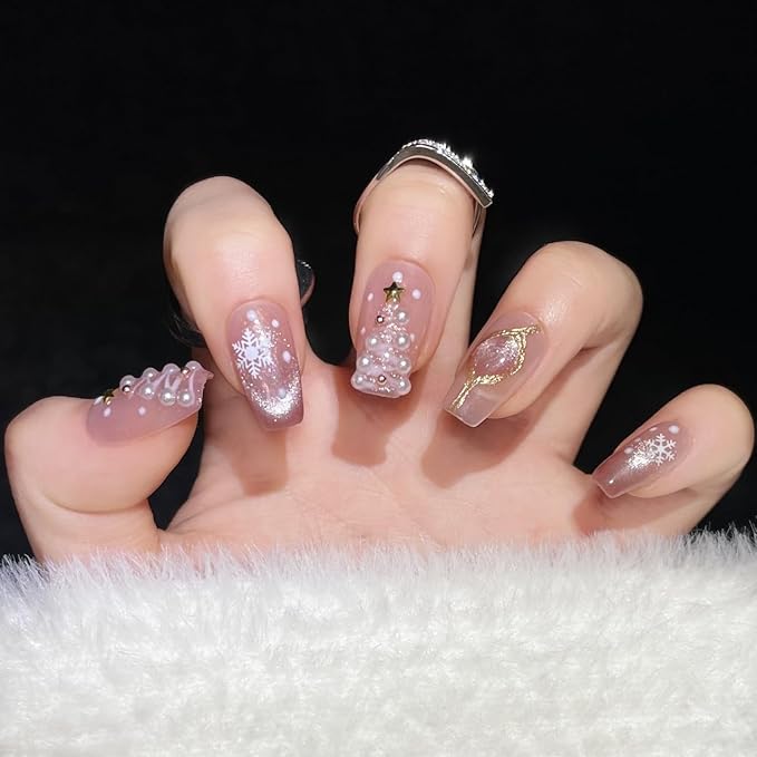 Pink Glitter Press on Nails Short Square - 3D Snowflake & Star Gems Design Sparkly Winter False Nails (Holiday Opulence-B,M)