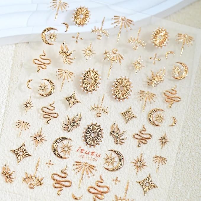 Gold Nail Stickers 5D Embossed Star Moon Nail Supplies 3D Self-Adhesive Totem Nail Decals Sun Flame Nails Designs Snake Nails Decoration Accessories for Women Girls DIY Manicure 1 Sheet