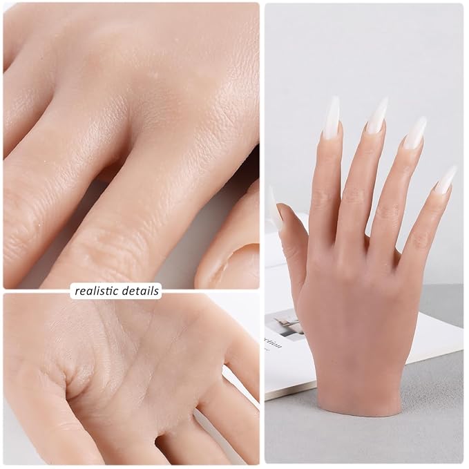 Silicone Practice Hand for Acrylic Nails, Soft Flexible Fake Hand Practice Nail Acrylic Technician Fake Nail Mannequin Hand with 100PCS False Nail Tips, Nail Art Beginner Kit Training Tools