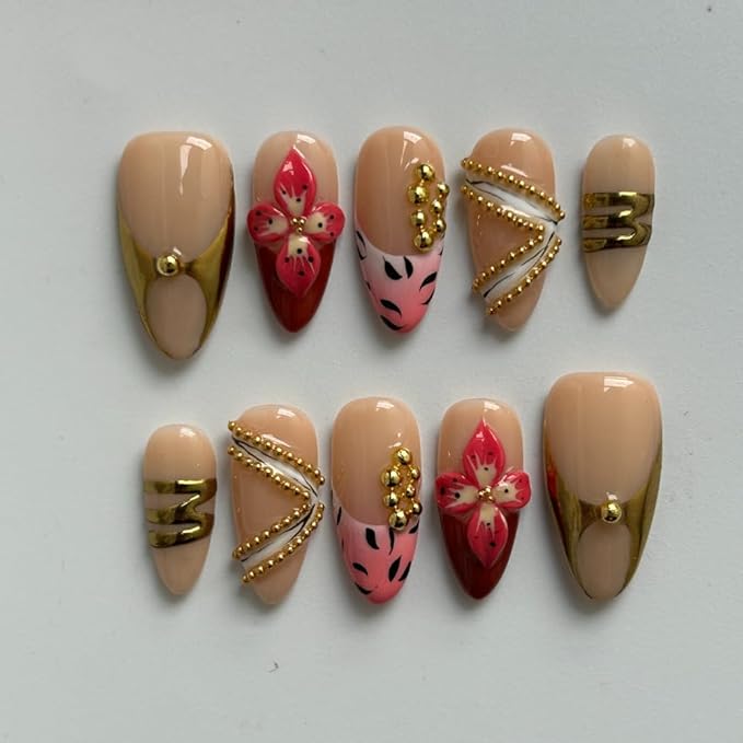 Medium - Luxury Medium Length Almond 3D False Nails Women Reusable ABS Material Finger Printed Nail Tip French Salon Design Artificial Fingernai-M-size
