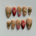 Press On Nails - Luxury Medium Length Almond 3D False Nails Women Reusable ABS Material Finger Printed Nail Tip French Salon Design Artificial Fingernail-Small Size