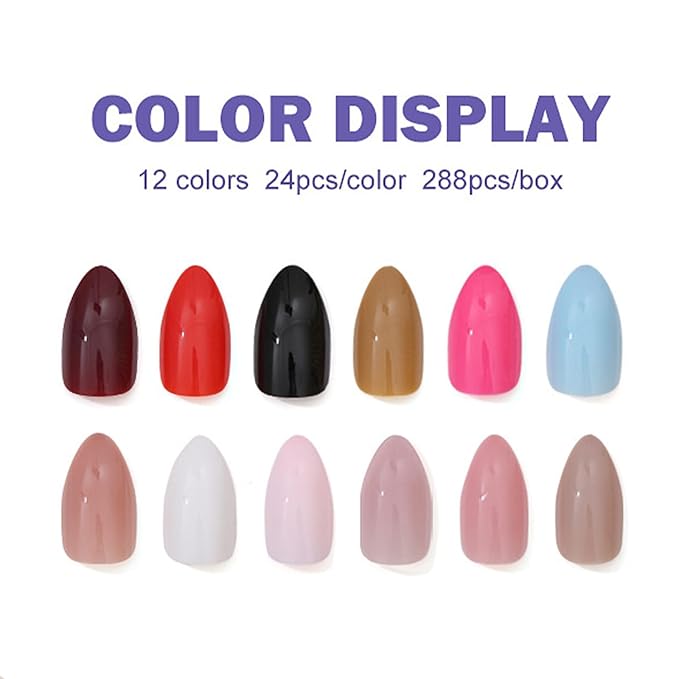 288Pcs Almond Press on Nails Solid Color False Nails Tips Medium Fake Nails Reusable Glossy Acrylic Artificial Nails Full Cover Glue on Nail for Women Manicure Deco 12 Size - 12 Colors