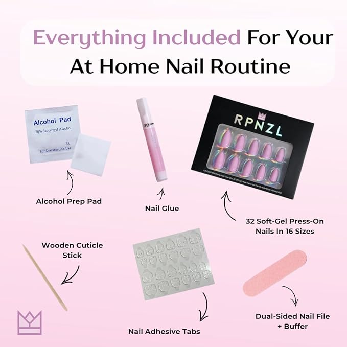 Press On Nails - Pretty In Pink | Pink Medium Almond, UV Finish, Reusable | 32 Nails, 16 Sizes Kit with Glue and Adhesive Tabs I Female Founded