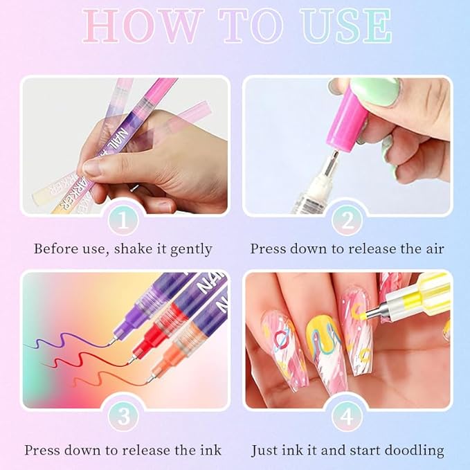 12 Colors Nail Art Pens Set – 3D Nail Art Marker & Polish Pens with Fine Liner Brush for Drawing, Painting & DIY Manicure Designs, Nail Art Beauty Tools Kit (1 Set)