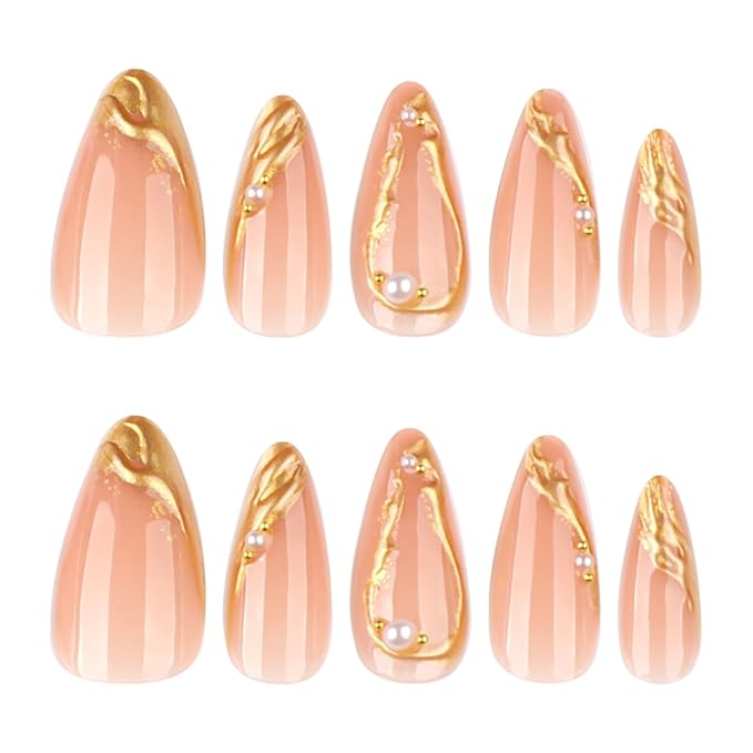 Almond Press on Nails Gold Drip Chrome Fake Nails Medium False Nails Press ons with Golden Line Design Reusable Artificial Nail Full Cover Glossy Glue on Nail Stick on Nails for Women Manicure 24 Pcs