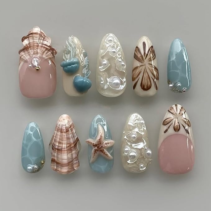 Luxury Press on Nails Short Almond Handmade 3D Unique Reusable ABS Material Fake Nails French Tip False Nails with Designs Flower Jellyfish Shell Pearls Glossy Glue on Nails Thick Acrylic Nails(M)