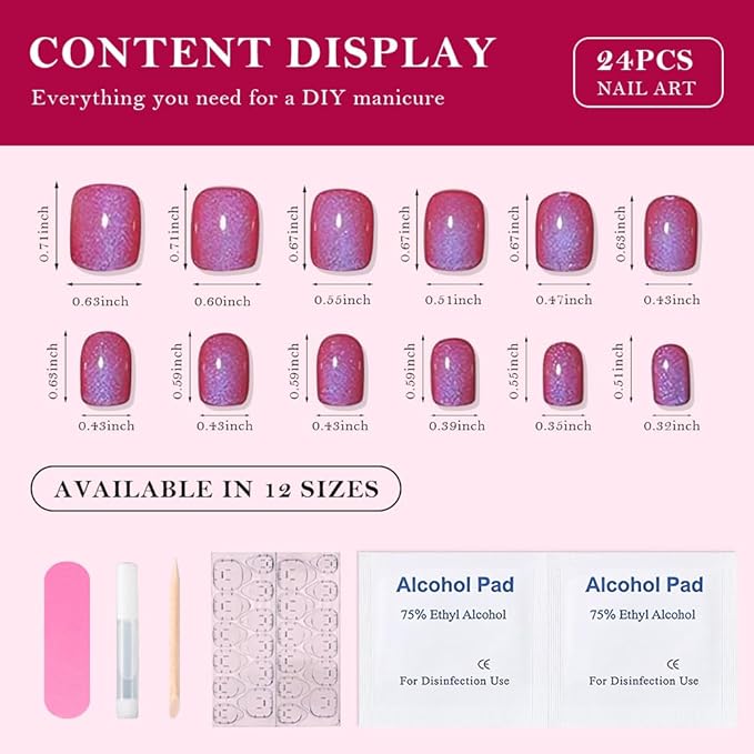 Blue Red Cat Eye Extra Short Press on Nails Square, Petite Short Square Stick on Nails for Women Gift, Purple Red Metallic Glitter Glossy Reusable Soft Gel Press on Acrylic Fake Nail with Designs