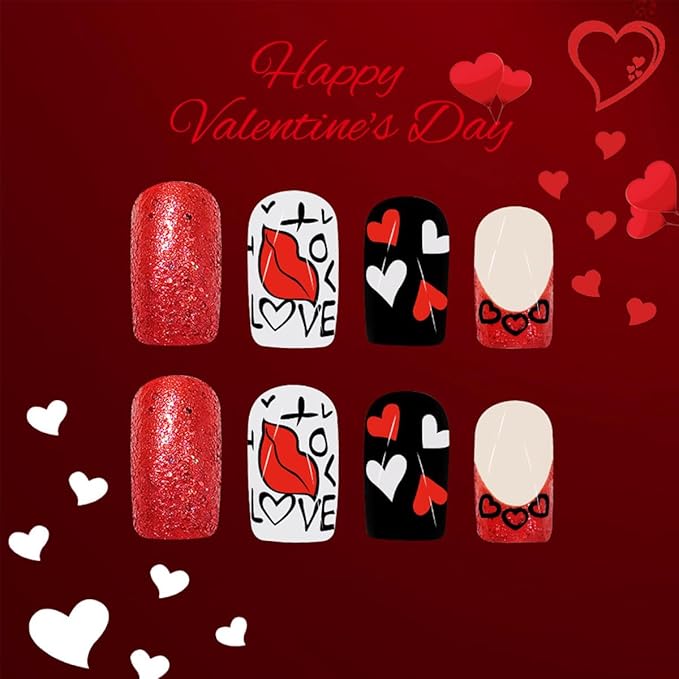 Valentine's Day Press on Nails Short Square Red Lips Red Heart Design Fake Nails Valentines Day Acrylic Nails Glossy Red French Tips Glue on Nails Artificial Full Cover Stick on Nails for Women 24Pcs