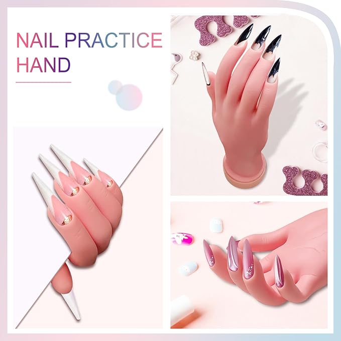 1Pcs Silicone Practice Hand for Nail Training with 48 Adhesive Tabs, Fake Hand for Acrylic Nails, Flexible Reusable Mannequin Hand Model for Gel Polish, Manicure and Nail Art Practice