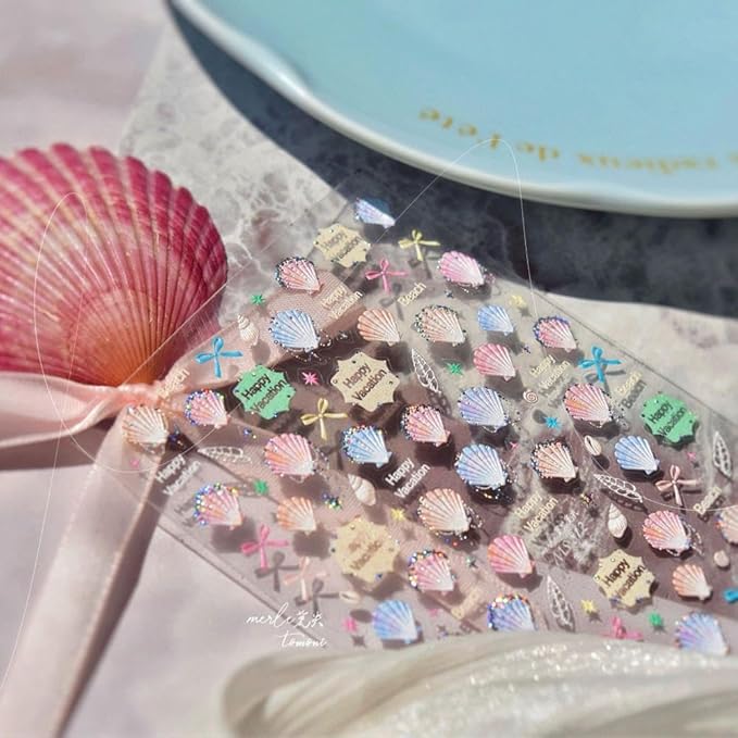 Aurora Pearl Seashell Nail Stickers Colorful Bow Nail Designs 3D Self-Adhesive Conch Nail Decals 5D Embossed Ocean Nail Art Stickers Summer Sticker Manicure Accessories for Women DIY Nails 1 Sheet