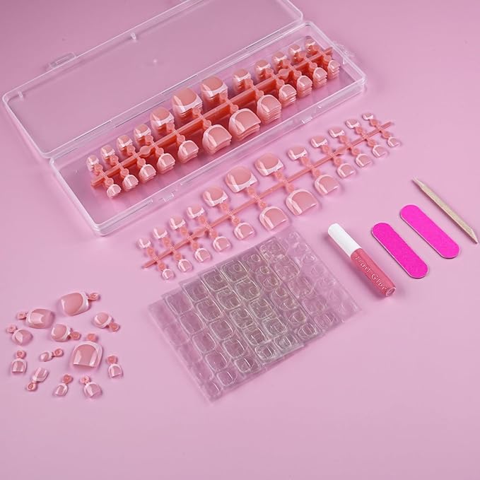 Lamemoria Pre-Design Nude Pink Gel French Nail Toetips, Short French Press On Toenails Square Shape, Basic Fake Nails With Glue Tabs 240 Pcs/Set