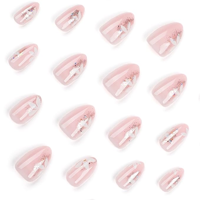 Fall Short Press On Nails Almond, Nude Fake Nails accented with golden glitter and Graceful White Floral Petal Design, Glossy Gel Finish Acrylic Nails, Natural Reusable Glue On Nails Kit for Women