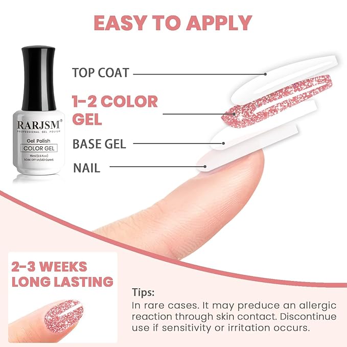RARJSM Reflective Gel Polish Glitter Pink Nude Sheer Pink Jelly Gel Nail Polish Natural Skin Tone Sparkle Flash Rainbow Diamond Silver Shimmer Soak off Curing Requires Home Salon 15ml Single Bottle