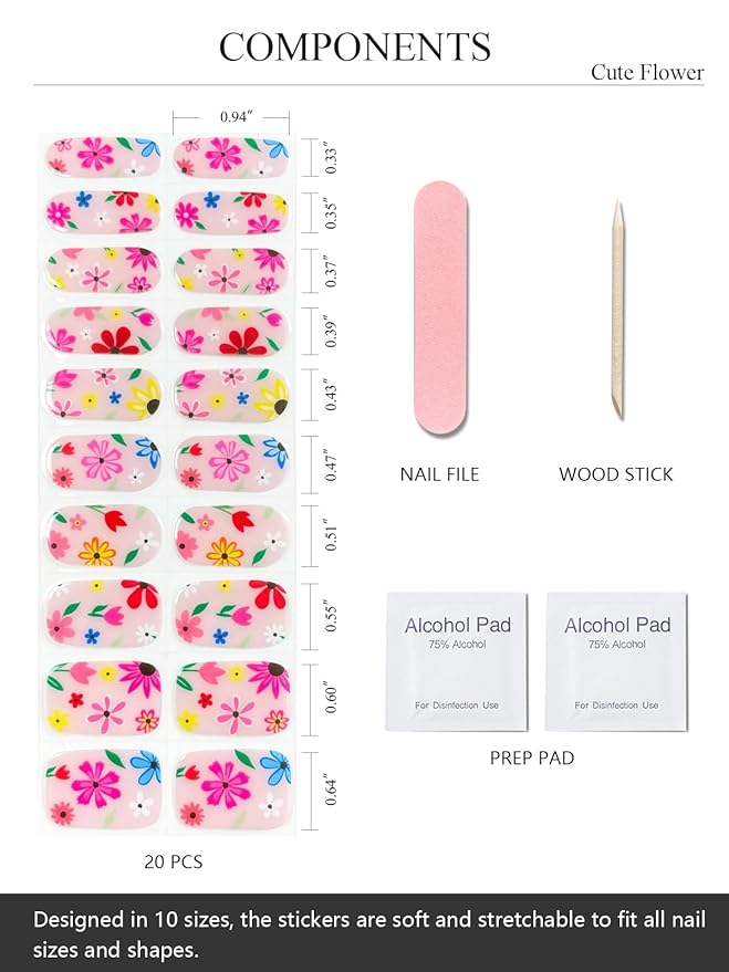 Semi Cured Gel Nail Strips (Cute Flower), 20 Pcs Summer Pink Gel Nail Wraps, Stickers, UV Light Required, Salon Quality, Long Lasting