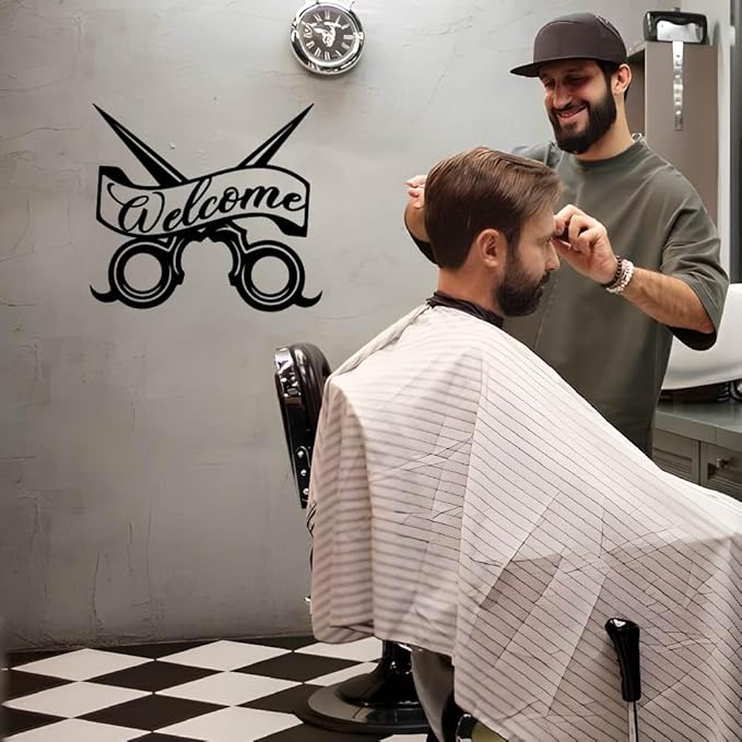 SUPERDANT Welcome Barber Wall Stickers Scissor Design Vinyl Wall Decal Barbershop Art Wallpaper Barber's Store DIY Decoration Window Door Decal 23.6x22.4in