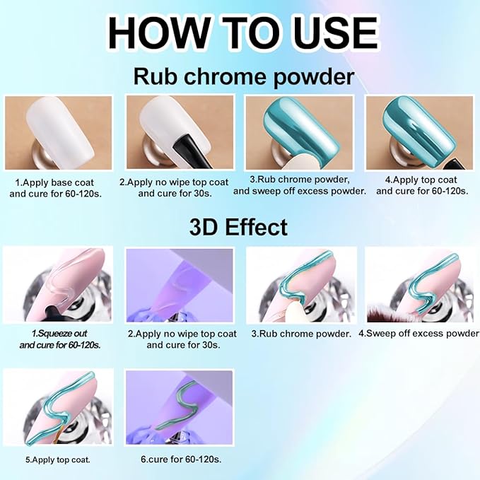 3D Gel Nail Art & Chrome Nail Powder Kit, Metallic Mirror Effect Holographic Aurora Iridescent Chrome Pigment Glitter Dust and 10g Clear 3D Sculpting Gel for DIY Nail Art (Lake Blue)