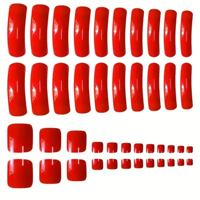 48Pcs Red Press on Nails Long Curved Fake Nails with Designs Glossy Solid Red Press on Toenails Short Square Fake Toenails Reusable Full Cover Summer Beach False Toenails for Women Girls Manicure