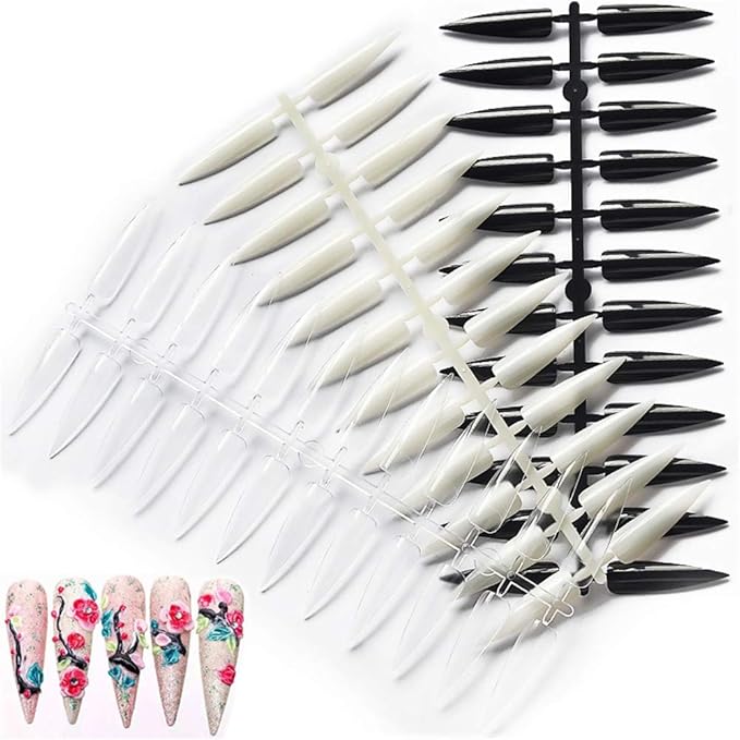 3 Pack Total 720 Tips Mixed Color Nail Tips Short Stiletto False Nails Pointed Sharp Fake Nails for Daily Wear On the Nail Tree Black/Clear/Natural Nail Art Supplies Nail Display Tips for Practice
