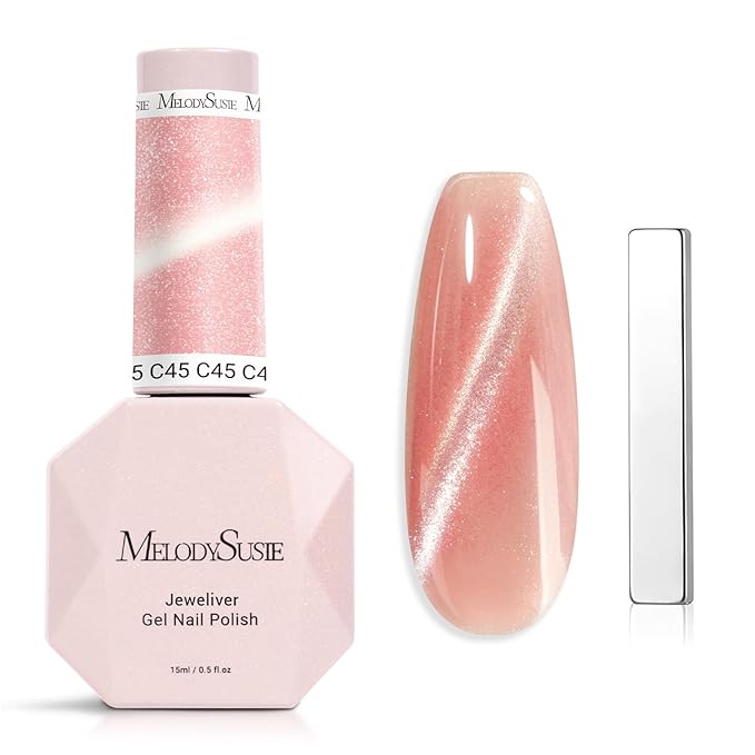 MelodySusie Jeweliver Cat Eye Gel Nail Polish, 0.5 Fl Oz Coral Pink Glitter Holographic Magnetic Nail Polish with Magnet, UV Nail Polish for Nail Art Manicure Salon DIY at Home C45