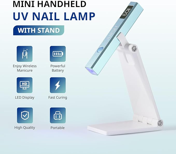 AIRSEE Cordless Nail Lamp with Stand, Handheld UV Light with LCD Display for Gel Nails,Rechargeable USB Nail Dryer for Fast Cure,Rhinestone Glue Decoration,Gel Nail Strips at Home,Travel(Mint Green)