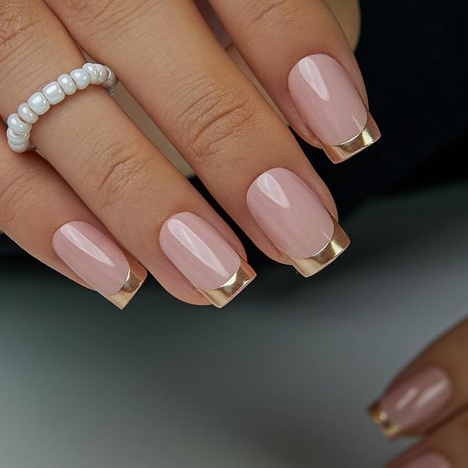 Curvlife Press On Nails Short Square - Chrome Gold French Tip Press on Nails with Glue, Metallic Gold Chrome French Manicure Glossy False Nail Tips for Women