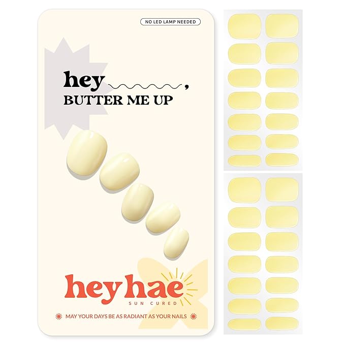 Heyhae Semi Cured Gel Nail Strips | No LED Lamp Needed | Solid, Yellow | Easy Apply & Remove, Salon Quality | Includes 28 Strips, 1 Prep Pads, Nail File & Wooden stick - Hey, Butter Me Up