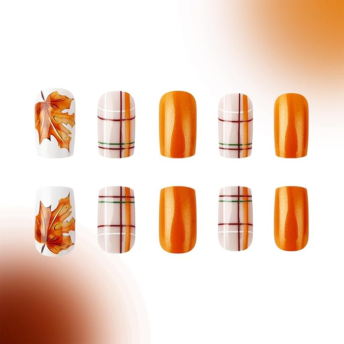 Fall Press on Nails Medium Square,Thanksgiving Fake Nails with Maple Leaf,Plaid Design - Orange False Nail Press ons Reusable Artificial Nails Glossy Full Cover Stick on Nails for Women Manicure 24Pcs