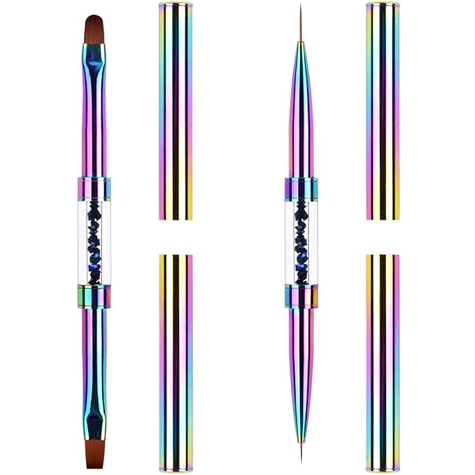 2Pcs Dual-ended UV Builder Gel Nail Brush Set Rhinestone Handle Nail Art Liner Brush Polygel Hard Gel Nail Brushes