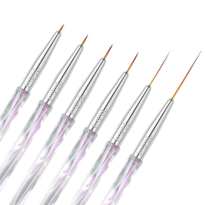 Yasterd Nail Art Liner Brushes, UV Nail Gel Polish Painting Nail Art Design Brush Pen Set for Long Lines, Short Strokes, Details, Blending, Elongated Lines Sizes 5/7/9/11/20/25mm Crystal Handle 6Pcs