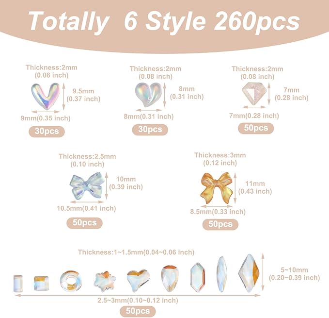 260Pcs Flatback Nail Charms Resin Fillers Mermaid Color Bowknot Diamond Heart Nail Gems Cute 3D Nail Stickers Nail Art Cabochons for Nail Art Makeup