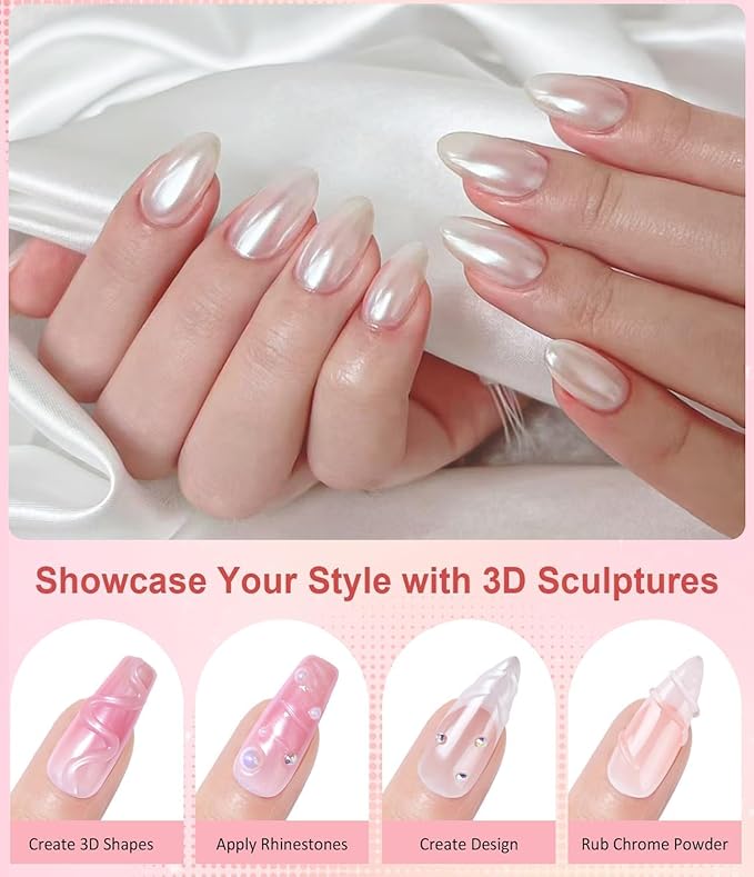 Pearl Chrome Nail Powder BISHENGYF -【Fairy Effect】Pink Chrome Nail Powder White Pearlesent Aurora Mermaid Iridescent Nail Chrome Powder, Metallic Mirror Glitter Pigment Dust For Nail Art DIY 2PCS