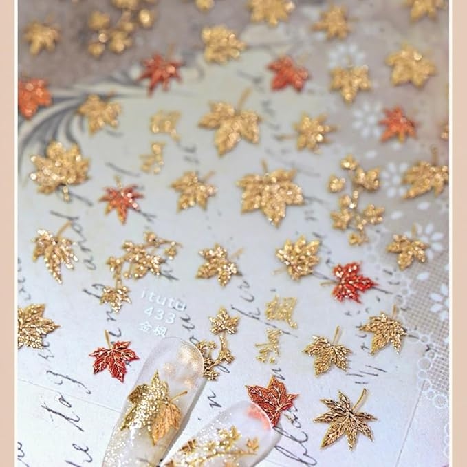 Maple Leaves Nail Stickers 3D Self Adhesive Gold Nail Art Stickers 5D Embossed Colorful Leaf Nail Decals Fall Autumn Nail Designs Cute Yellow Nail Art Supplies for Women Girls 1 Sheet