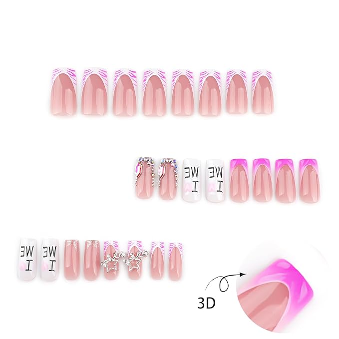 French Tip Press on Nails Medium Square MABKJLF Fake Nails 3D False Nails with Designs Water Ripple Rhinestones Stars Charm Zebra Print Glossy Glue on Nails Acrylic Nails for Women Girls 24 Pcs