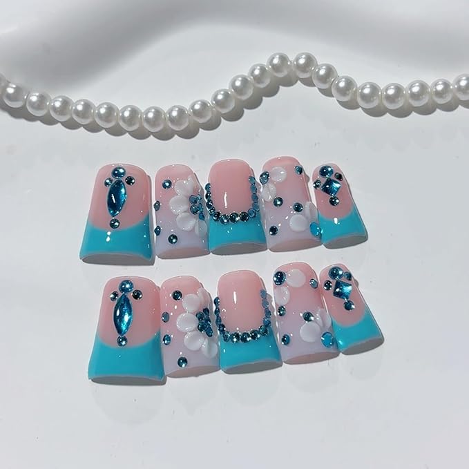 Handmade Press on Nails 3D Blue Rhinestones White Art Petal False Nails with Pink Blue Color Designs Reusable Full Cover Acrylic Thick Press on Nails for Women Girls 10 Pcs （Size M ）