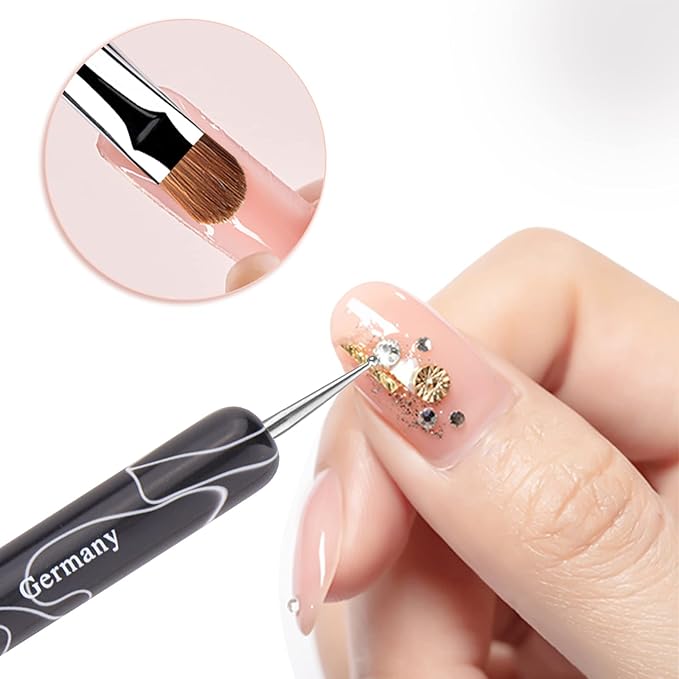 French Manicure Brush - Two Way Nail Art Brush with Dotting Tool for Manicure Cuticle Clean Up - Professional Salon Quality, Nail Dotting Pen (16#, Black)