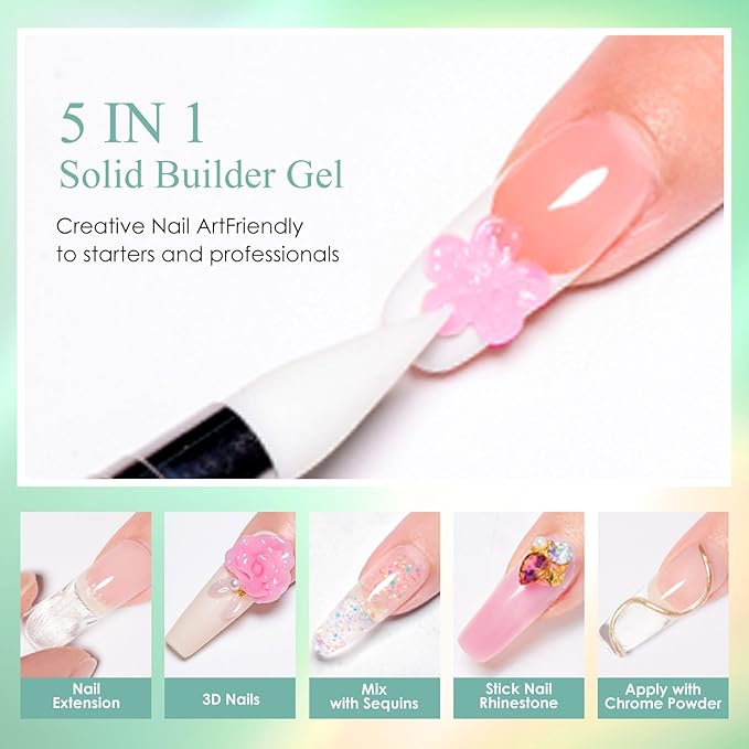 MEET ACROSS 7Pcs Solid Builder Nail Gel Clear Pink Mint Green Hard Gel Nail Extension Hard Gel for Nail Art UV Curing Needed Manicure Kit