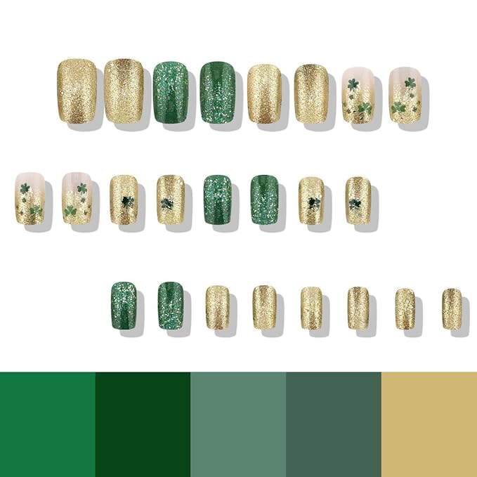 St. Patrick's Press on Nails Medium Square Fake Nail Gold Green Glitter False Nails Full Cover Clover Stick on Nails Green Glue on Nail Artificial Acrylic Nails for Women 24Pcs